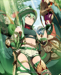 Rule 34 | 10s, 1girl, 2012, apple, backpack, bag, brown eyes, closed mouth, dated, dinosaur, food, fruit, green hair, hat, knife, kyousin, light rays, looking away, lord of knights, midriff, navel, official art, open mouth, original, pouch, saddle, saddlebags, safari hat, sheath, sheathed, shorts, sleeping bag, solo, text focus, tongue