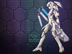 Rule 34 | 1girl, android, aqua eyes, caseal, copyright name, flat chest, gun, high heels, highres, honeycomb (pattern), honeycomb background, honeycomb pattern, joints, no pupils, phantasy star, phantasy star online, purple background, racaseal, robot joints, shoes, solo, standing, text focus, twintails, wallpaper, weapon