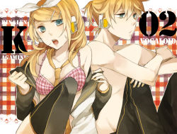 Rule 34 | 1boy, 1girl, black thighhighs, blonde hair, blue eyes, bra, brother and sister, dress, hair ornament, hair ribbon, hairpin, headphones, kagamine len, kagamine rin, kiri (lwp01 lav), lingerie, necktie, off shoulder, open clothes, open dress, open mouth, pants, ponytail, red bra, ribbon, shirt, short hair, siblings, sitting, thighhighs, topless, twins, underwear, undressing, vocaloid, yellow necktie