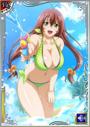 Rule 34 | 1girl, bikini, breast press, breasts, breasts squeezed together, brown hair, card (medium), curvy, day, glasses, green bikini, green eyes, hair ornament, ikkitousen, large breasts, long hair, looking at viewer, navel, official art, open mouth, ryuubi gentoku, shiny skin, side-tie bikini bottom, smile, solo, swimsuit, very long hair, water, water gun, wide hips