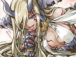Rule 34 | 1girl, blonde hair, bodypaint, breasts, claws, cleavage, dark skin, dark-skinned female, horns, ishiyumi, long hair, lying, purple eyes, puzzle &amp; dragons, solo, sonia gran, tongue, tongue out