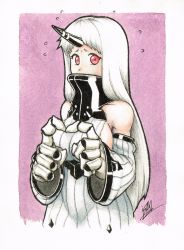 Rule 34 | 10s, abyssal ship, bare shoulders, claws, colored skin, detached sleeves, dress, highres, horns, isaki tanaka, kantai collection, mittens, ribbed dress, seaport princess, single horn, solo, sweater, sweater dress, traditional media, white hair, white skin