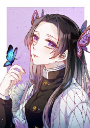 Rule 34 | 1girl, absurdres, bad id, bad pixiv id, black hair, black jacket, bug, butterfly, butterfly hair ornament, butterfly on hand, closed mouth, hair intakes, hair ornament, highres, insect, jacket, kimetsu no yaiba, kochou kanae, long hair, long sleeves, looking at viewer, lunar (lunar 815), purple eyes, smile, solo, upper body