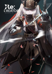 Rule 34 | 10s, 1girl, altair (re:creators), copyright name, gauntlets, hat, highres, long hair, military, military uniform, re:creators, red eyes, saber (weapon), shako cap, smile, solo, sword, text focus, uniform, weapon, white hair