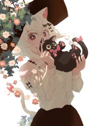 Rule 34 | 1girl, animal, animal ears, black cat, black hat, black skirt, cat, cat ears, cat girl, cat tail, covering own mouth, cowboy shot, flower, hair between eyes, hat, highres, holding, holding animal, holding cat, leaning to the side, long sleeves, looking at viewer, off-shoulder shirt, off shoulder, oimo imoo, original, pink flower, red eyes, shirt, short hair, sidelocks, simple background, skirt, sleeve cuffs, solo, tail, v, white background, white flower, white hair, white shirt, wide brim