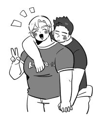 Rule 34 | 2boys, ao isami, arm around neck, bara, blush stickers, couple, cropped legs, facial hair, facing viewer, greyscale, happy aura, holding hands, interlocked fingers, large pectorals, leaning on person, lewis smith, male focus, medium sideburns, monochrome, multiple boys, paya genko man, pectorals, sideburns stubble, standing, stubble, thick eyebrows, v, yaoi, yuuki bakuhatsu bang bravern
