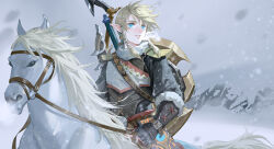 Rule 34 | 1boy, blue eyes, bow (weapon), earrings, horse, horseback riding, jewelry, light brown hair, link, looking afar, nintendo, parted lips, pointy ears, riding, ruoruoqiuu, shield, shield on back, sidelocks, snow, snowing, snowquill set (zelda), solo, the legend of zelda, the legend of zelda: breath of the wild, weapon, weapon on back
