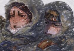 Rule 34 | 2boys, behind another, black eyes, black hair, blizzard, commentary request, dark-skinned male, dark skin, furrowed brow, golden kamuy, hat, highres, hood, hood up, koito otonoshin, leaning to the side, looking ahead, male focus, military hat, multiple boys, open mouth, osakanaman 7, outdoors, portrait, shoulder boards, snowing, sweat, swept bangs, thick eyebrows, tsukishima hajime, v-shaped eyebrows, white background