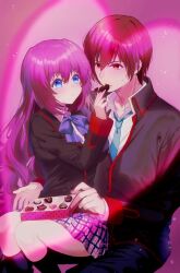 Rule 34 | 1boy, 1girl, a-chan senpai, awkward, black jacket, black pants, black socks, blazer, blue bow, blue necktie, blush, bow, brown hair, candy, chocolate, chocolate heart, collared shirt, commentary, couple, eyelashes, feeding, feet out of frame, food, frown, grey skirt, hair between eyes, hand up, heart, hetero, highres, hug, hug from behind, jacket, kneehighs, little busters!, little busters! school uniform, long hair, long sleeves, looking at another, miiizuno lbs, miniskirt, natsume kyousuke, necktie, pants, pink background, plaid, plaid skirt, purple hair, school uniform, shirt, short hair, shy, simple background, sitting, sitting on lap, sitting on person, skirt, socks, sparkle, sweatdrop, tareme, tsurime, valentine, very long hair, wavy hair, white shirt