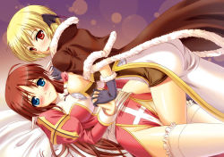 Rule 34 | 2girls, ass, bed, between thighs, blonde hair, blue eyes, blush, breast press, breasts, cape, covered erect nipples, crotch rub, frills, fur, girl on top, gloves, head wings, high priest (ragnarok online), high wizard (ragnarok online), holding hands, kawase seiki, large breasts, long hair, looking at viewer, looking back, lying, multiple girls, naughty face, nipples, no panties, priest (ragnarok online), ragnarok online, red eyes, short hair, smile, symmetrical docking, thighhighs, thighs, wings, wizard, yuri