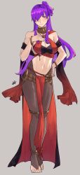 Rule 34 | 1girl, absurdres, alternate costume, anklet, bare shoulders, black pantyhose, breasts, cleavage, commentary, cosplay, dancer, feet, female focus, fire emblem, fire emblem: three houses, fire emblem heroes, fire emblem warriors: three hopes, full body, grey background, hair over one eye, harem outfit, highres, jewelry, large breasts, lene (fire emblem), lene (fire emblem) (cosplay), long hair, looking at viewer, matching hair/eyes, midriff, navel, neck ring, nintendo, one side up, pantyhose, pelvic curtain, purple eyes, purple hair, sakuremi, shez (female) (fire emblem), shez (fire emblem), simple background, smile, solo, standing, stomach, thighs, toeless legwear, toes, very long hair
