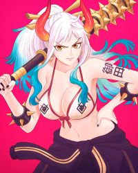 Rule 34 | 1girl, absurdres, arm tattoo, bare shoulders, bikini, bikini top only, blue hair, breasts, cleavage, clothes around waist, club, club (weapon), collarbone, curled horns, earrings, hair ornament, hair stick, hand on own hip, highres, holding club, holding weapon, hoop earrings, horns, jacket, jacket around waist, jewelry, kanabou, large breasts, leaning forward, looking at viewer, midriff, multicolored hair, multicolored horns, navel, one piece, oni, orange horns, over shoulder, ponytail, solo, spiked club, swimsuit, tattoo, truejekart, two-tone hair, weapon, weapon over shoulder, white hair, yamato (one piece), yellow eyes, yellow horns