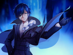 Rule 34 | 1boy, blue eyes, blue hair, one eye covered, dress shirt, feng you, hand on own hip, houndstooth, ivy phantom (module), kaito (vocaloid), looking to the side, male focus, mask, matching hair/eyes, mouth mask, outstretched arm, project diva (series), project diva x, shirt, solo, upper body, vocaloid