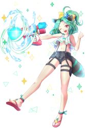 Rule 34 | 1girl, animal ears, blush, bow, crop top, eyebrows, full body, green hair, gun, hair bow, holding, holding gun, holding weapon, looking at viewer, navel, open mouth, original, raccoon ears, raccoon tail, red eyes, saltycaramel, sandals, short hair, short ponytail, smile, solo, tail, teeth, weapon, yellow bow