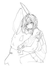 Rule 34 | 1girl, 414 (hncx3355), amiya (arknights), animal ears, arknights, closed mouth, greyscale, highres, long hair, long sleeves, looking at viewer, monochrome, hugging object, off shoulder, pleated skirt, puffy long sleeves, puffy sleeves, rabbit ears, simple background, skirt, smile, solo, stuffed animal, stuffed rabbit, stuffed toy, white background