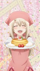 Rule 34 | 1girl, :d, absurdres, apron, blouse, blush, closed eyes, cream, cream on face, fate/kaleid liner prisma illya, fate (series), food, food on face, game cg, hair between eyes, highres, holding, holding plate, illyasviel von einzbern, long hair, official art, open mouth, pink apron, plaid, plaid sailor collar, plate, red ribbon, ribbon, sailor collar, shirt, silver hair, smile, solo, upper body, white shirt