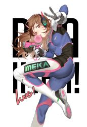 Rule 34 | 1girl, absurdres, acronym, ass, bahao diqiu, blue bodysuit, bodysuit, breasts, brown eyes, brown hair, blowing bubbles, character name, chewing gum, cowboy shot, d.va (overwatch), facepaint, facial mark, from behind, from side, gloves, gun, handgun, headphones, high collar, highres, holding, holding gun, holding weapon, leg up, long hair, looking at viewer, medium breasts, overwatch, overwatch 1, pilot suit, pistol, ribbed bodysuit, shoulder pads, sitting, skin tight, solo, standing, standing on one leg, v, weapon, whisker markings, white gloves, white legwear