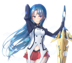 Rule 34 | 1girl, alice gear aegis, arm up, blue hair, commentary request, holding, holding sword, holding weapon, long hair, navel, parted lips, purple eyes, red skirt, skirt, solo, sword, takanashi rei, tooto (ryuto333), weapon, white background