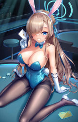 Rule 34 | 1girl, animal ears, arm support, asuna (blue archive), asuna (bunny) (blue archive), black pantyhose, blue archive, blue bow, blue bowtie, blue eyes, blue leotard, bow, bowtie, breasts, brown hair, card, cleavage, collar, commentary request, detached collar, fake animal ears, gloves, hair over one eye, hairband, halo, heart, high heels, highres, holding, holding card, indoors, large breasts, leotard, long hair, on table, pantyhose, playboy bunny, playing card, poker table, rabbit ears, rabbit tail, shoes, sitting, solo, stool, strapless, strapless leotard, table, tail, thighband pantyhose, umitonakai, very long hair, wariza, white collar, white footwear, white gloves, white hairband, wing collar