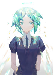 Rule 34 | androgynous, arms behind back, black necktie, black shirt, black shorts, collared shirt, gender request, green eyes, green hair, houseki no kuni, necktie, phosphophyllite, puffy short sleeves, puffy sleeves, shirt, short hair, short sleeves, shorts, smile, solo, standing, upper body, white shirt, wing collar, yamakawa