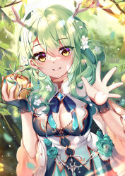 Rule 34 | 1girl, antlers, braid, braided bangs, breasts, brooch, ceres fauna, cleavage, commentary request, flower, green flower, green hair, green nails, green rose, grin, hair between eyes, hands up, highres, hololive, hololive english, horns, jewelry, large breasts, leaf, long hair, looking at viewer, mole, mole under eye, nail polish, rose, single braid, smile, solo, squchan, upper body, virtual youtuber, yellow eyes