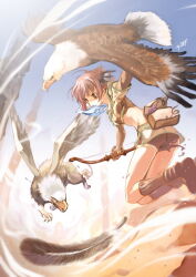 Rule 34 | 1girl, ass, bald eagle, bird, black wings, boots, bow (weapon), breasts, brown eyes, brown footwear, brown gloves, brown hair, brown shirt, brown shorts, commentary request, crop top, demon wings, eagle, elbow gloves, feathers, fish, fish in mouth, food, fruit, full body, gloves, grapes, griffin, gryphon (ragnarok online), head wings, holding, holding bow (weapon), holding weapon, hunter (ragnarok online), jumping, medium bangs, midriff, miniskirt, okishiji en, ragnarok online, shirt, short hair, short shorts, short sleeves, shorts, shorts under skirt, signature, skirt, small breasts, weapon, white skirt, wings