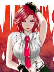 Rule 34 | 1girl, black gloves, female focus, gloves, looking at viewer, matching hair/eyes, mature female, medium hair, mole, mole under mouth, navel, necktie, pants, red eyes, red hair, red lips, red necktie, red tie, shirt, smile, snk, solo, suspenders, the king of fighters, the king of fighters xv, vanessa (kof), white shirt