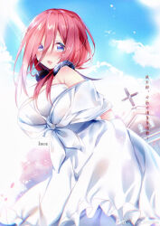 Rule 34 | 1girl, arms behind back, artist name, bare shoulders, blue eyes, blue sky, blush, breasts, brown hair, chinese commentary, chinese text, church, cloud, commentary request, cross, dress, embarrassed, eyelashes, frilled dress, frills, full-face blush, furrowed brow, go-toubun no hanayome, hair between eyes, headphones, highres, imoe (1017933989), large breasts, leaning forward, light rays, looking at viewer, nakano miku, open mouth, ribbon, sky, solo, standing, straight hair, sunlight, teeth, twitter username, upper teeth only, wedding dress, white dress, white ribbon, wind