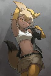 Rule 34 | 1girl, absurdres, animal ears, arm belt, arm up, armpits, bare shoulders, belt, blonde hair, blush, closed mouth, collarbone, cowboy shot, coyote (kemono friends), wolf ears, wolf tail, dark-skinned female, dark skin, elbow gloves, extra ears, fang, fang out, gloves, hair between eyes, hand up, head tilt, highres, kemono friends, midriff, miniskirt, multicolored hair, navel, okojo ojoko, open clothes, open shirt, platinum blonde hair, seductive smile, shirt, short hair, skirt, smile, solo, sports bra, stomach, tail, thighhighs, two-tone hair, undressing, upper body, zettai ryouiki