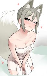 Rule 34 | 1girl, animal ear fluff, animal ears, bad id, bad twitter id, bare arms, bare shoulders, bath, between legs, black eyes, blush, breasts, cinderella girls gekijou, cleavage, closed mouth, cowboy shot, female focus, fox ears, fox tail, from above, grey hair, hair between eyes, half-closed eyes, hand between legs, head tilt, heart, holding, holding towel, idolmaster, idolmaster cinderella girls, idolmaster cinderella girls starlight stage, kemonomimi mode, leaning, leaning forward, light smile, lips, looking at viewer, medium breasts, naked towel, neck, omaru gyuunyuu, onsen, shiomi syuko, short hair, solo, standing, steam, tail, towel, wading, water, wet, white towel