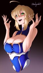 Rule 34 | 1girl, ahoge, artoria pendragon (fate), artoria pendragon (lancer) (fate), bare shoulders, blonde hair, braid, breasts, cleavage cutout, clothing cutout, covered navel, fate/grand order, fate (series), french braid, glowing, glowing eyes, gradient background, green eyes, halterneck, highres, large breasts, looking at viewer, open mouth, shadow, sidelocks, solo, zealyush