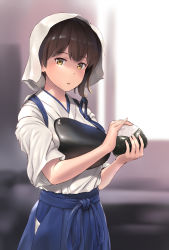 Rule 34 | 1girl, bandana, blue hakama, blue skirt, blurry, brown hair, commentary request, cowboy shot, depth of field, food, hakama, hakama short skirt, hakama skirt, highres, holding, holding food, japanese clothes, kaga (kancolle), kantai collection, kerchief, looking at viewer, muneate, onigiri, side ponytail, skirt, solo, standing, tasuki, upper body, wa (genryusui), yellow eyes