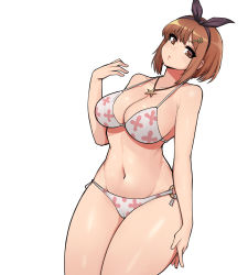 Rule 34 | 1girl, atelier (series), atelier ryza, atelier ryza 1, bikini, breasts, brown eyes, brown hair, cameltoe, cleavage, collarbone, cowboy shot, donburi (donburikazoku), groin, hairband, highres, jewelry, large breasts, looking at viewer, navel, necklace, o-ring, o-ring bikini, o-ring bottom, print bikini, reisalin stout, short hair, side-tie bikini bottom, simple background, solo, star (symbol), stomach, strap gap, swimsuit, thighs, white background, white bikini