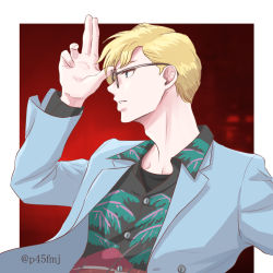 Rule 34 | 1boy, arms up, bare shoulders, blonde hair, blue eyes, blue suit, bones (company), buttons, finger on glasses, formal, glasses, godzilla (series), godzilla singular point, hand gesture, hands up, hawaiian shirt, highres, kai takehiro, looking to the side, male focus, orange (company), p45fmj, red background, shirt, short hair, suit, sunglasses, teeth, toho, white background