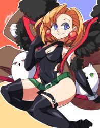 Rule 34 | 1girl, artemis (junketsu no maria) (bird), bad id, bad tumblr id, bare shoulders, belt, bigdead, black gloves, black thighhighs, blonde hair, blue eyes, boots, bracelet, breasts, cleavage, cleavage cutout, clothing cutout, dress, earrings, elbow gloves, ezekiel (junketsu no maria) (bird), gloves, halterneck, high collar, highres, jewelry, junketsu no maria, maria (junketsu no maria), priapus (junketsu no maria) (bird), short dress, short hair, smile, solo, thigh boots, thigh strap, thighhighs, witch