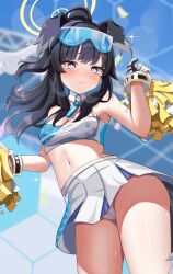 Rule 34 | 1girl, absurdres, animal ears, arm up, armpits, black hair, blue archive, blue eyes, blue sky, blunt bangs, blurry, blush, breasts, cheerleader, choker, confetti, depth of field, detached collar, dog ears, dog girl, dog tail, eyewear on head, from below, halo, hibiki (blue archive), hibiki (cheer squad) (blue archive), highres, holding, holding pom poms, long hair, looking at viewer, medium breasts, millennium cheerleader outfit (blue archive), musson, navel, official alternate costume, panties, pantyshot, pleated skirt, pom pom (cheerleading), pom poms, ponytail, sidelocks, skirt, sky, sleeveless, solo, stomach, sunglasses, sunlight, sweat, tail, underwear, upskirt, white panties