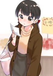 Rule 34 | 1girl, bag, black hair, blush, bow, brown coat, brown eyes, coat, fingernails, grey skirt, hair bow, hand up, highres, holding, low twintails, open clothes, open coat, original, parted lips, pink sweater, red bow, skirt, solo, sweater, twintails, yuki arare