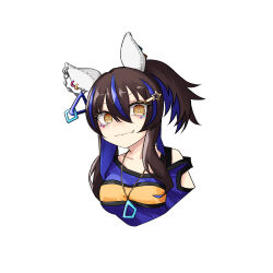 Rule 34 | 1girl, absurdres, animal ears, blue shirt, breasts, brown hair, closed mouth, clothing cutout, colored inner hair, commentary, cropped torso, daitaku helios (umamusume), ear covers, fang, fang out, hair ornament, hairclip, highres, horse ears, jewelry, long hair, looking at viewer, multicolored hair, one side up, pendant, sanada ina, shirt, simple background, small breasts, smile, solo, streaked hair, umamusume, upper body, white background, yellow eyes