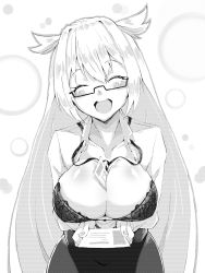 Rule 34 | 1girl, :d, ash arms, b-kyuu ocha, between breasts, bra, breast hold, breasts, business card, closed eyes, commentary, dress shirt, glasses, greyscale, hair wings, halftone, high-waist skirt, highres, holding, id card, lace, lace bra, lanyard, large breasts, leaning forward, long hair, long sleeves, looking at viewer, m26 pershing (ash arms), monochrome, office lady, open mouth, partially unbuttoned, pencil skirt, semi-rimless eyewear, shirt, skirt, smile, solo, standing, under-rim eyewear, underwear, very long hair