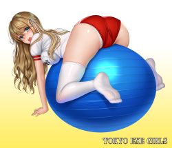 Rule 34 | 1girl, all fours, aqua eyes, arched back, ass, bad id, bad pixiv id, ball, blonde hair, blush, breasts, buruma, cameltoe, cleft of venus, clothes writing, copyright name, exercise ball, feet, gradient background, gym uniform, hair ribbon, kiyosumi shirabaki, large breasts, long hair, looking at viewer, no shoes, official art, open mouth, panties, panties under buruma, re:shimashima, red buruma, ribbon, ringlets, shiny skin, solo, sports festival, thighhighs, tokyo exe girls, underwear, white thighhighs, yellow background