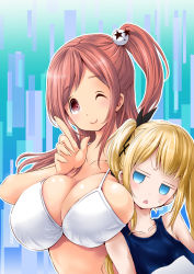 Rule 34 | 2girls, anger vein, bare shoulders, bikini, bikini top only, blonde hair, breast envy, breasts, cleavage, closed mouth, dead or alive, dead or alive 5, honoka (doa), huge breasts, kangakuraku12, marie rose, multiple girls, one eye closed, parted lips, pink hair, side ponytail, smile, swimsuit, triangle mouth, twintails, upper body, wink