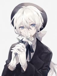 Rule 34 | 1boy, androgynous, blue eyes, bow, covering own mouth, flower, grey hair, highres, lily (flower), male focus, namiki itsuki, original, own hands clasped, own hands together, pale skin, ribbon, smelling flower, white hair
