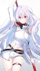 Rule 34 | 1girl, arm up, bandaged arm, bandaged hand, bandages, bare shoulders, breasts, closed mouth, closers, clothing cutout, commentary, crop top, dore (gilles dore), gradient background, grey background, groin, hair between eyes, highres, holding, holding weapon, large breasts, long hair, midriff, mirae (closers), navel, o-ring, red eyes, shirt, short shorts, shorts, shoulder cutout, skindentation, solo, thigh gap, very long hair, weapon, white background, white hair, white shirt, white shorts