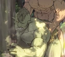 Rule 34 | 2boys, abs, anal, arm hair, bara, chest hair, colored skin, completely nude, drooling, facial hair, fangs, goatee, green skin, interspecies, katoributa a, large pectorals, leg hair, loincloth, loincloth lift, male focus, male penetrated, mature male, mohawk, monster boy, multiple boys, muscular, muscular male, navel, nipples, nude, one eye closed, orc, original, pectorals, saliva, sex, short hair, solo focus, stomach, sweat, thighs, tree, yaoi
