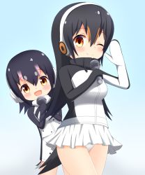 Rule 34 | 2girls, :d, ;), black hair, blue background, blush, brown eyes, brown hair, commentary, drawstring, dress, gentoo penguin (kemono friends), gradient background, hair between eyes, headphones, highres, holding, holding microphone, humboldt penguin (kemono friends), jacket, kemono friends, looking at viewer, microphone, multicolored hair, multiple girls, one eye closed, open mouth, own hands together, panties, penguin tail, pink hair, shin01571, skirt, smile, streaked hair, tail, turtleneck, underwear, white dress, white jacket, white panties, white skirt