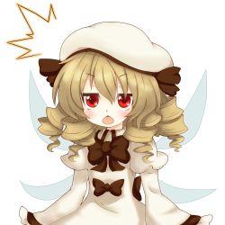 Rule 34 | 1girl, blonde hair, blush, bow, brown hair, chestnut mouth, drill hair, fairy wings, female focus, hat, highres, keyaki chimaki, long hair, luna child, open mouth, red eyes, solo, ^^^, touhou, transparent background, white background, wings