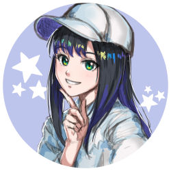 Rule 34 | 1girl, aqua eyes, baseball cap, black hair, blue background, blue hair, blush, circle, finger to own chin, hand up, hat, kelinch1, light blush, looking at viewer, multicolored eyes, multicolored hair, open mouth, original, portrait, rainbow gradient, rainbow hair, round image, shirt, simple background, smile, solo, star (symbol), starry background, teeth, two-tone background, two-tone hair, white hat, white shirt