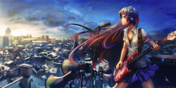 1girl bad_id bad_pixiv_id bass_guitar cityscape female_focus guitar headphones highres instrument ize long_hair microphone original scenery solo