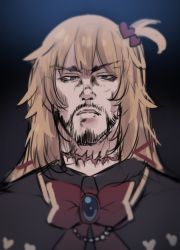 Rule 34 | 1boy, absurdres, akai haato, akai haato (gothic lolita), beard, blonde hair, blurry, commentary, english commentary, facial hair, from below, genderswap, genderswap (ftm), hair ornament, heart, heart hair ornament, highres, hinghoi, hololive, long hair, looking down, male focus, scar, scar on neck, solo, virtual youtuber