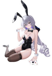 Rule 34 | 1girl, absurdres, ace (playing card), animal ears, arm support, black bow, black bowtie, black footwear, black leotard, black thighhighs, blush, bow, bowtie, breasts, bronya rand, card, closed mouth, covered navel, crossed bangs, detached collar, earrings, fake animal ears, grey eyes, grey hair, hand up, high heels, highres, honkai: star rail, honkai (series), jewelry, large breasts, leotard, looking at viewer, playboy bunny, playing card, purple nails, rabbit ears, sidelocks, sitting, skindentation, solo, strapless, strapless leotard, thighhighs, wrist cuffs, yokozuwari, yuridango